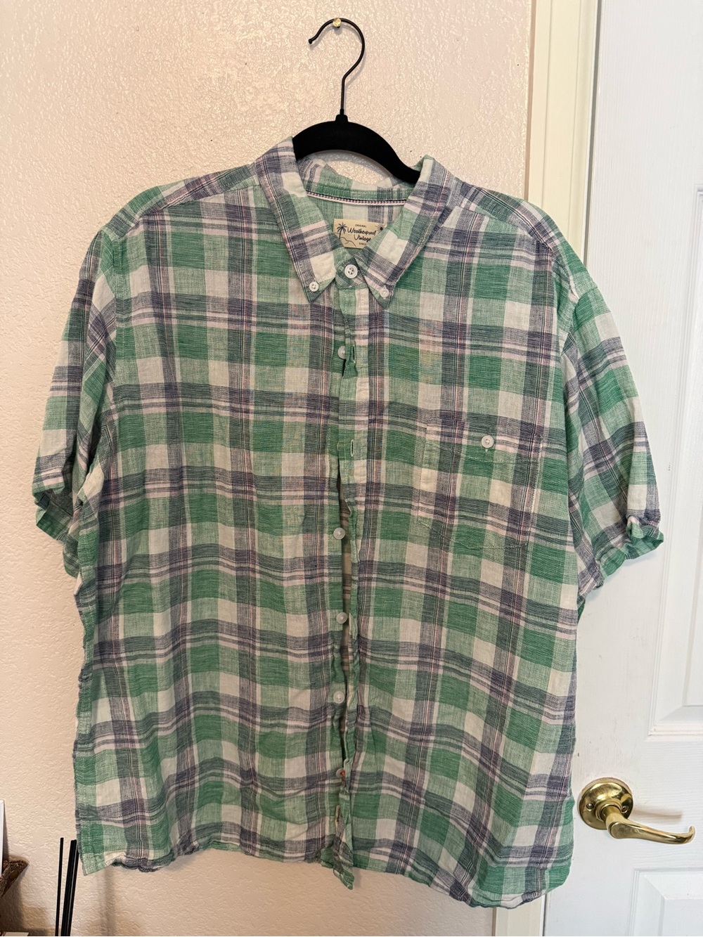 Weatherproof Linen Green and White Plaid Short-Sleeve Button-Down Shirt